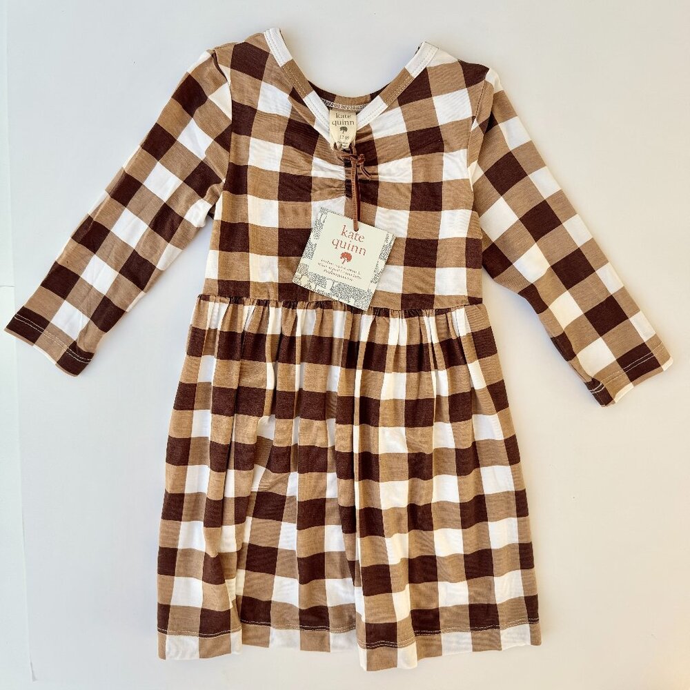 Kate Quinn Long Sleeve Dress | Brown Gingham | 12–18M | NWT